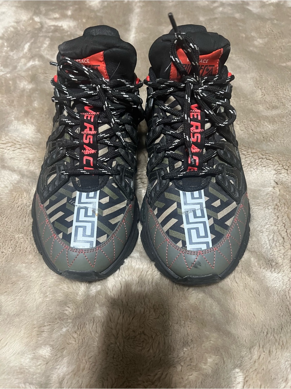 Authentic Versace Trigeca Olive & Black High-Top Sneakers with Red Accents